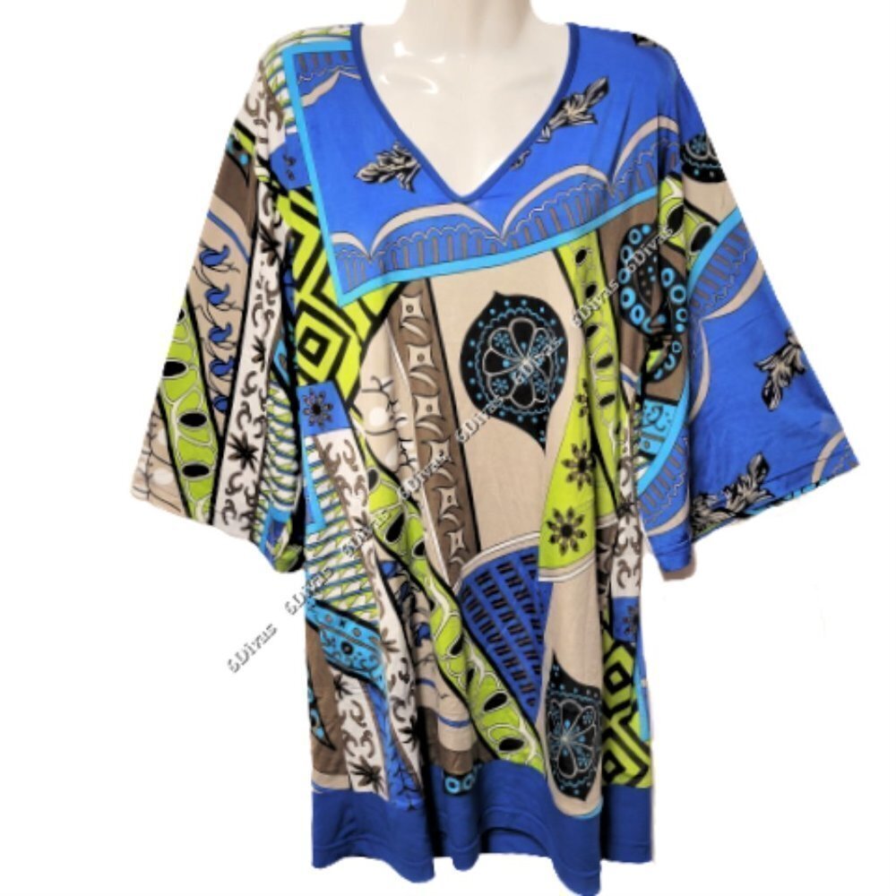 Blue Green Colorful Stretchy Comfy Large Loose Fitting  Tunic- XS, S, M, L, XL